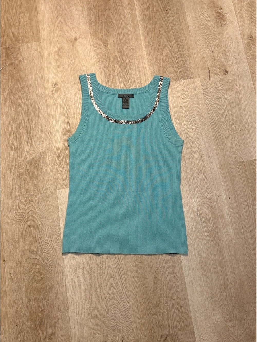 ISA Y2K Teal Ribbed Tank Top with Sequins Size XL Indie Sleeze Glam